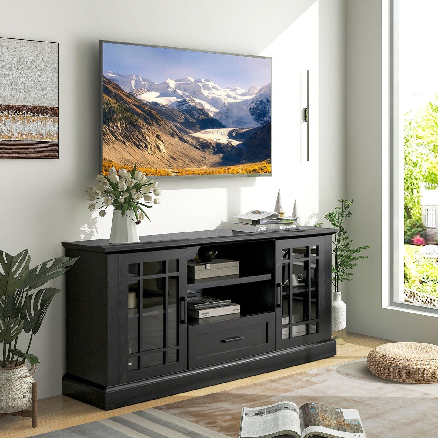 Mueble de TV para televisores de hasta 70 pulgadas con puertas de vidrio, estantes y cajón - Negro