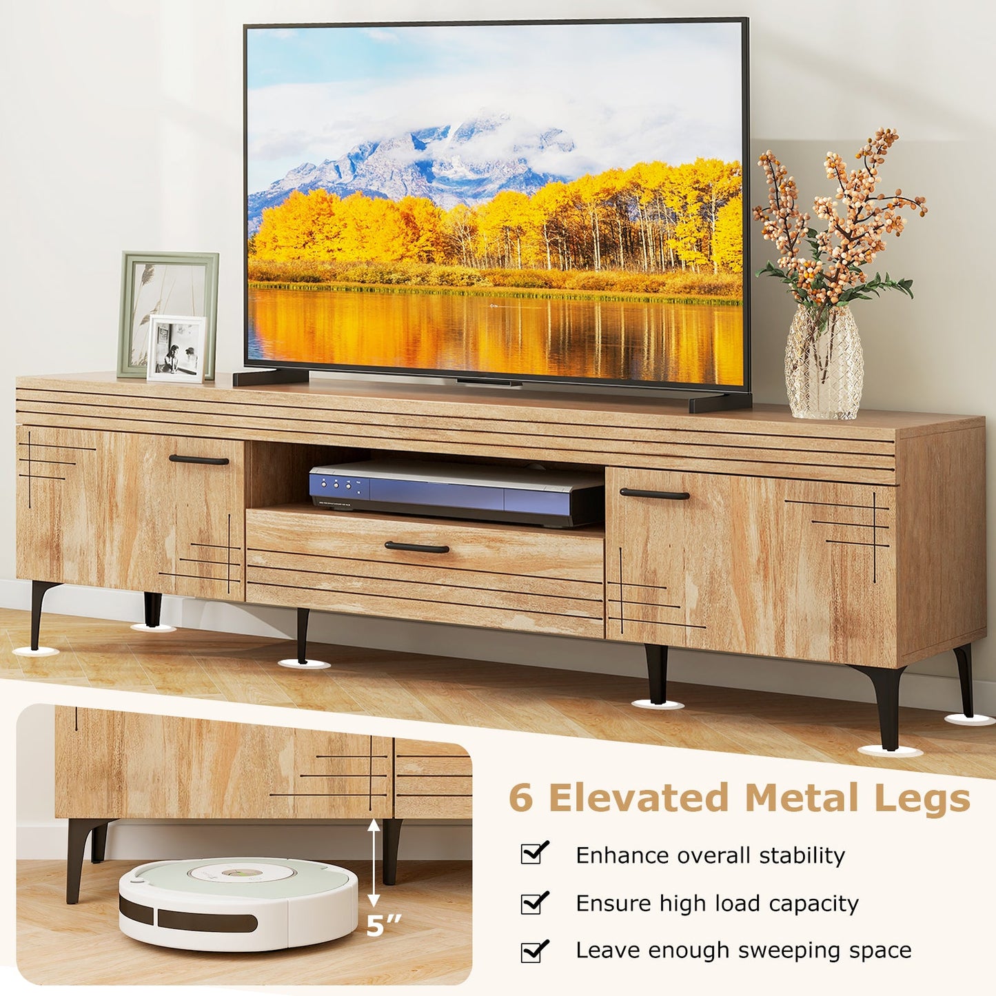 Mueble para TV con 2 armarios y cajón de almacenamiento para televisores de 65 pulgadas - Roble