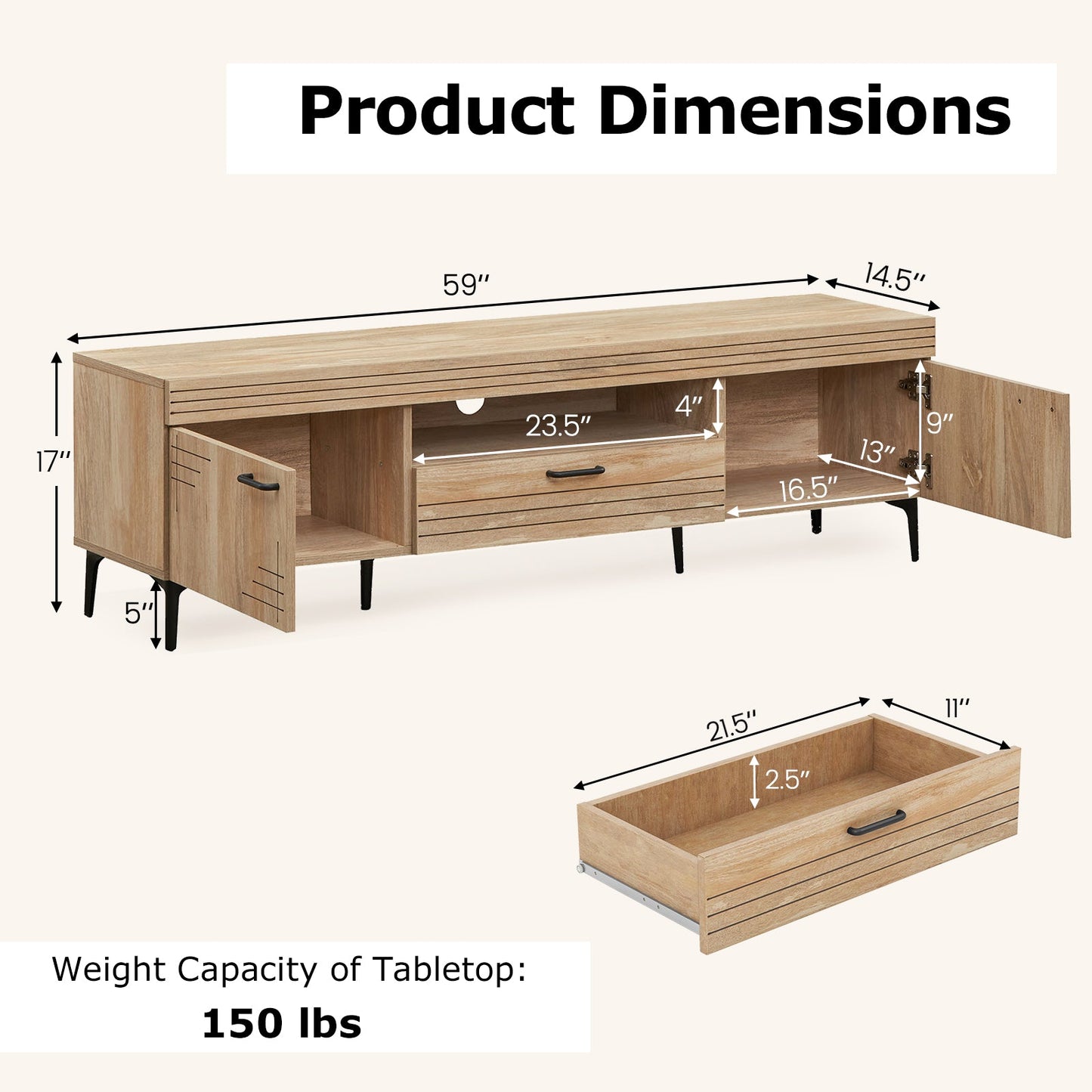 Mueble para TV con 2 armarios y cajón de almacenamiento para televisores de 65 pulgadas - Roble
