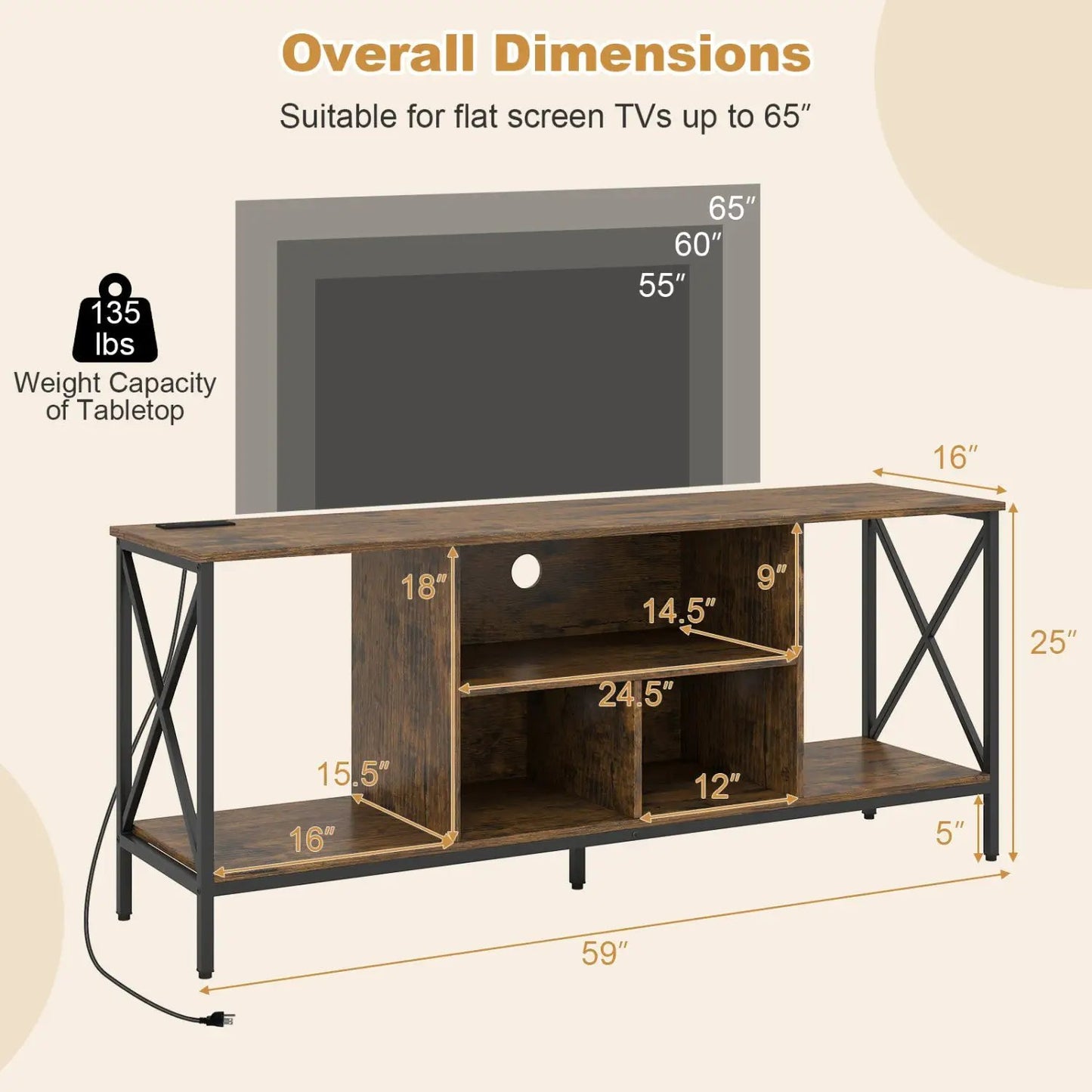 TV Stand with LED Lights for 65 Inch TV and USB
