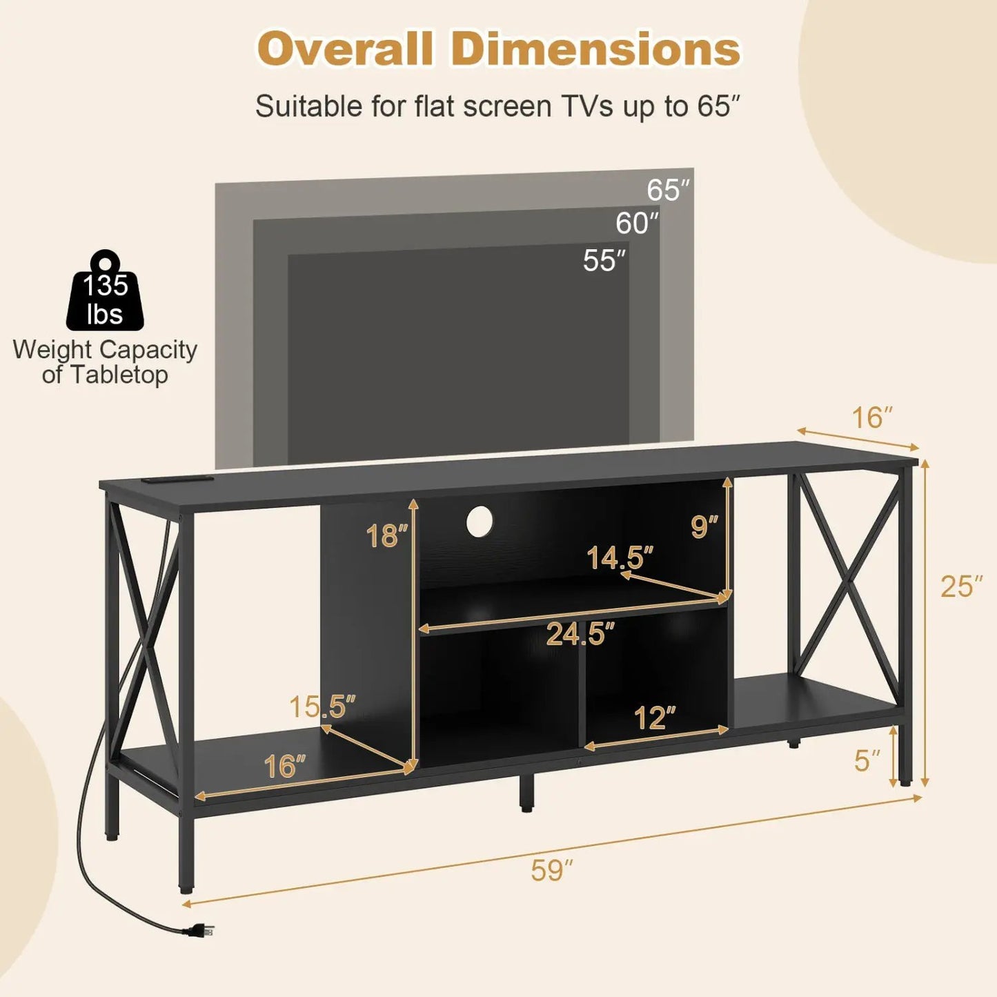 TV Stand with LED Lights for 65 Inch TV and USB