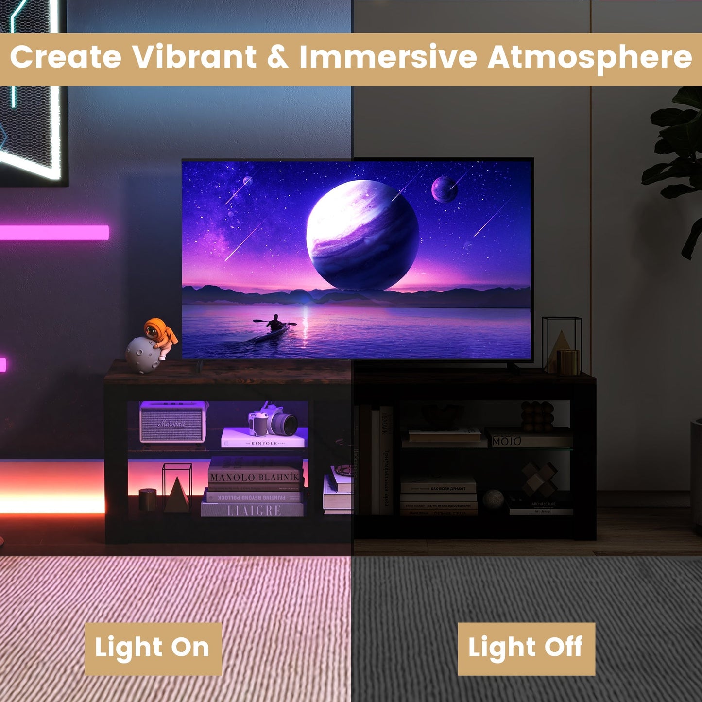 Mueble de TV moderno con luz LED y estantes ajustables para televisores de hasta 65 pulgadas - Marrón