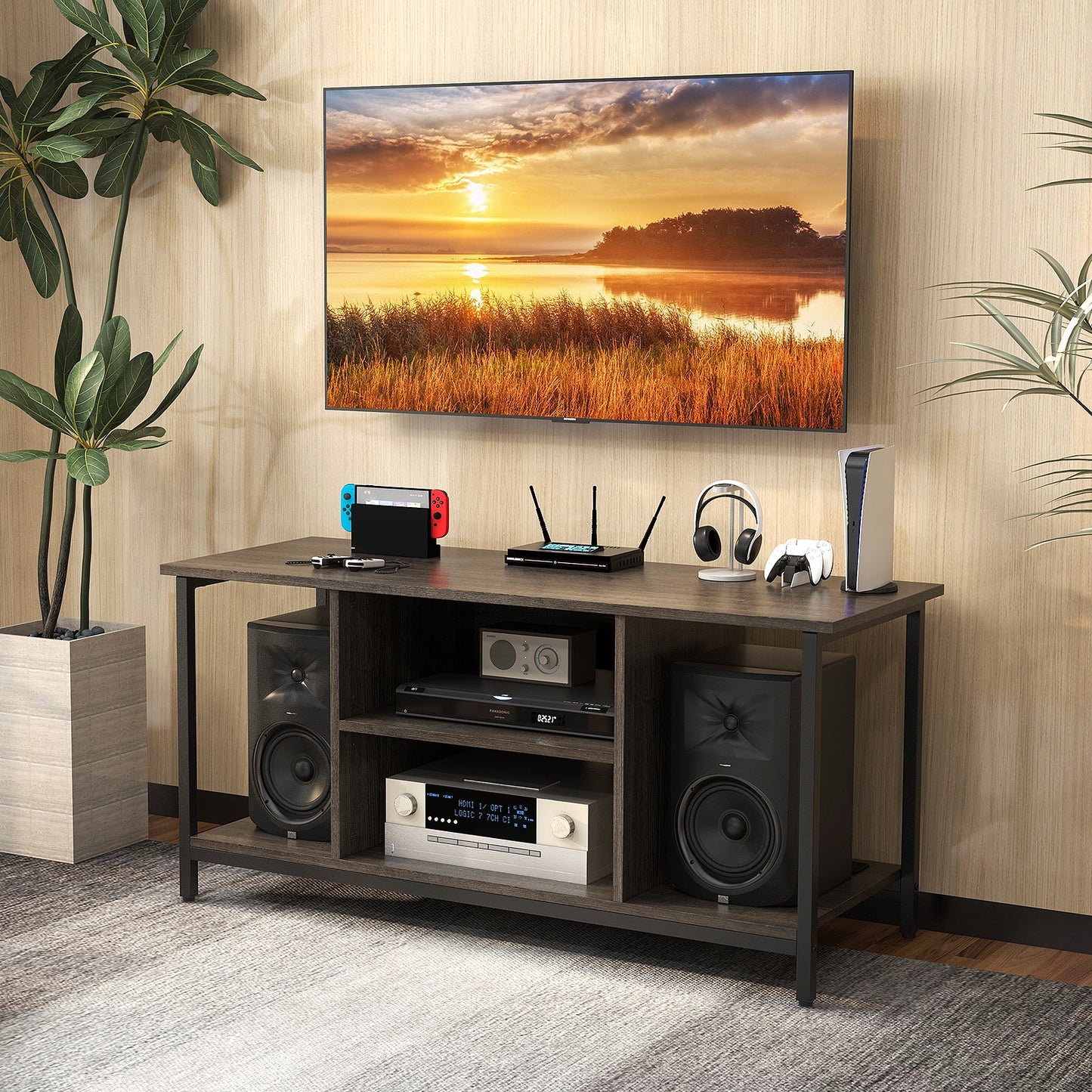 Mueble de TV de 3 niveles con toma de corriente USB y estante ajustable - Gris