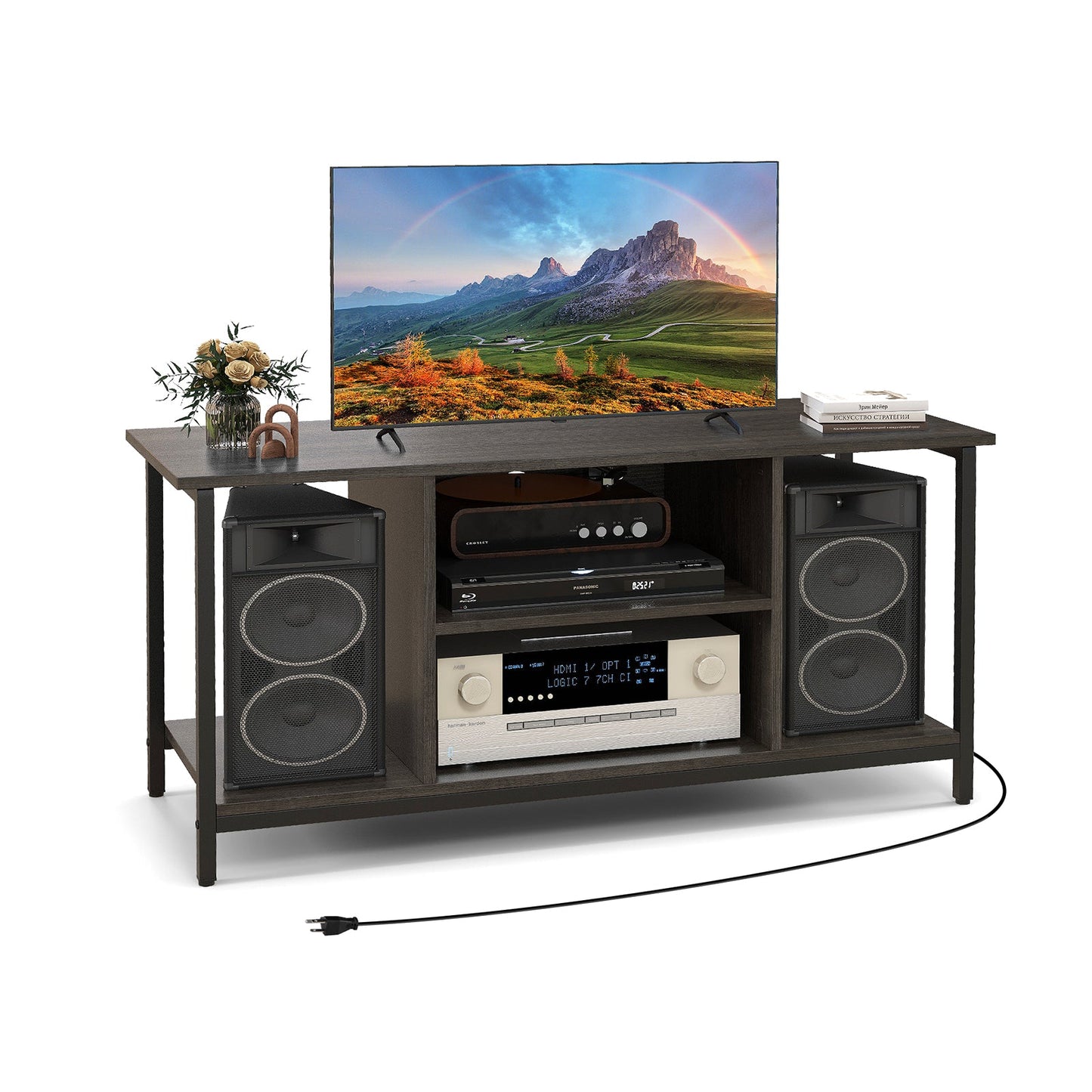 Mueble de TV de 3 niveles con toma de corriente USB y estante ajustable - Gris