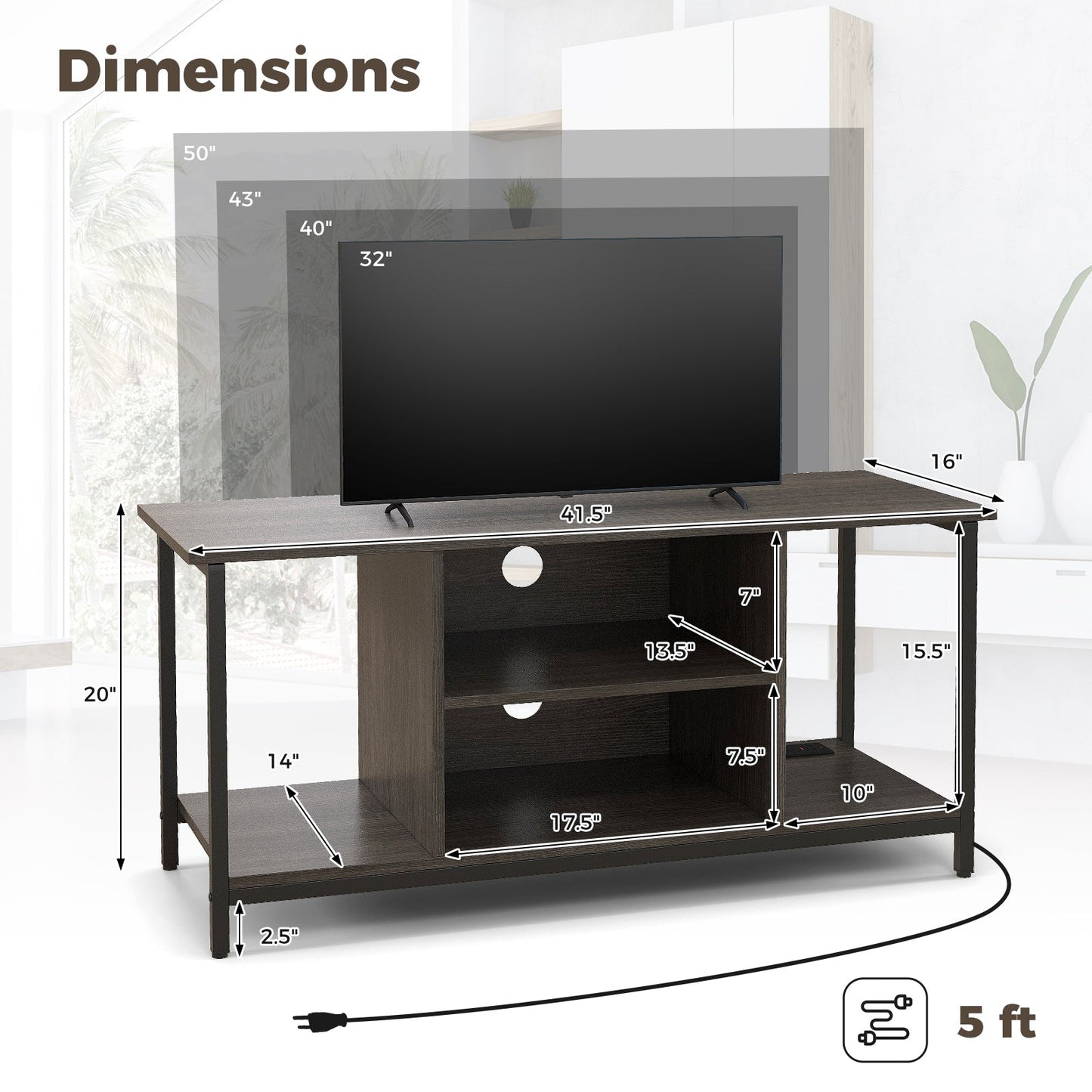 Mueble de TV de 3 niveles con toma de corriente USB y estante ajustable - Gris