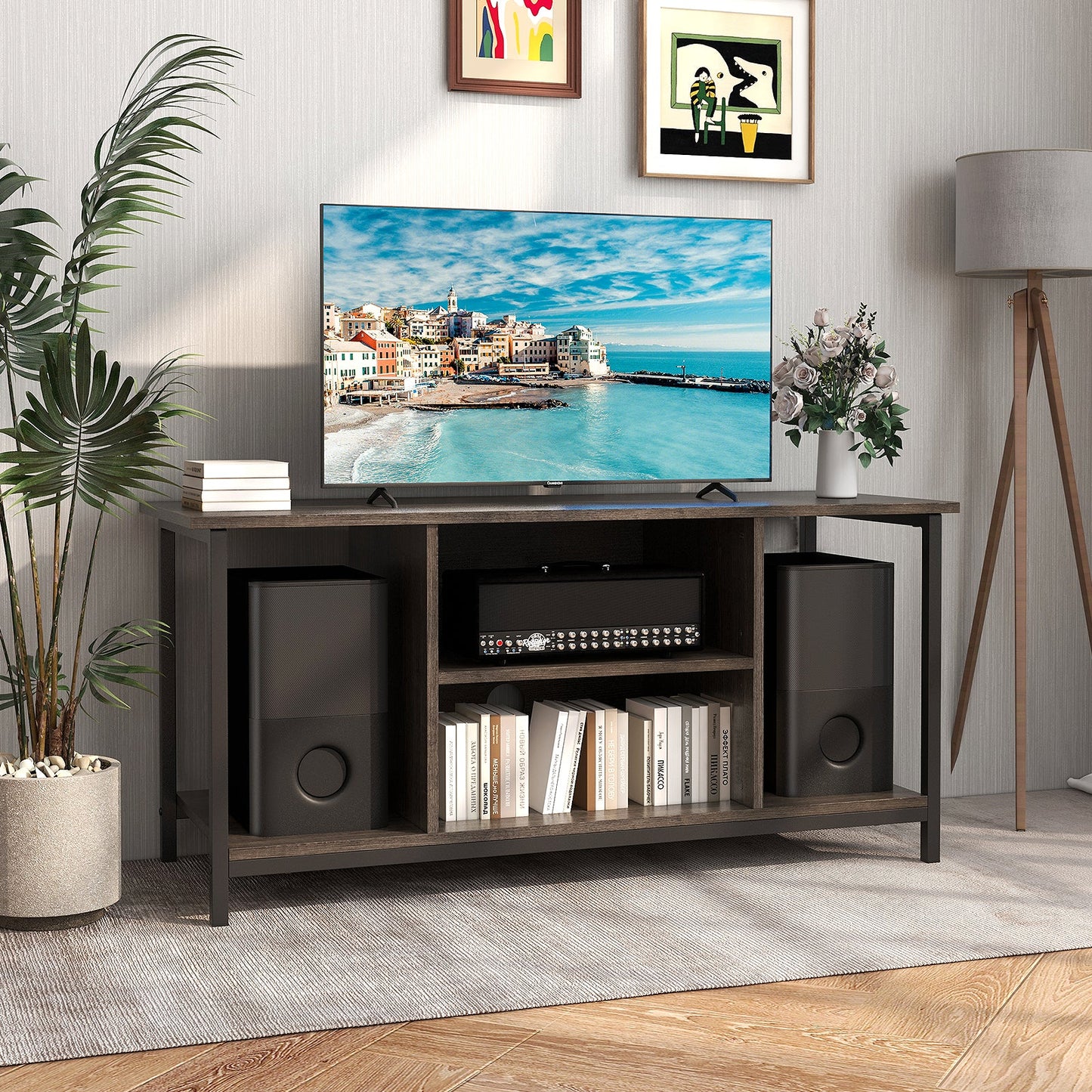 Mueble de TV de 3 niveles con toma de corriente USB y estante ajustable - Gris