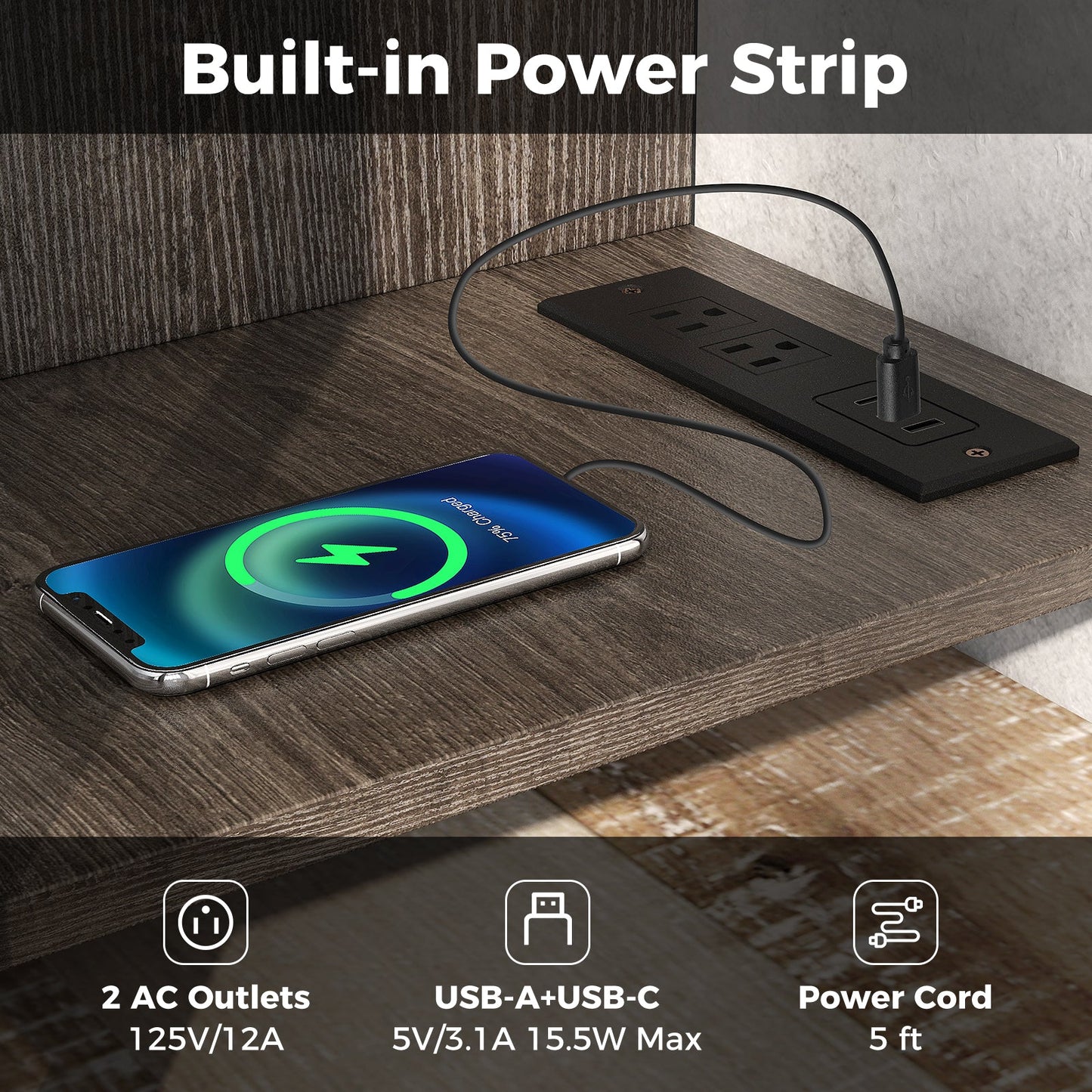 Mueble de TV de 3 niveles con toma de corriente USB y estante ajustable - Gris