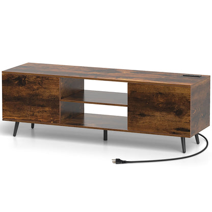 Mueble de TV con tomas de corriente y estante ajustable para televisores de 60 pulgadas-Marrón rústico