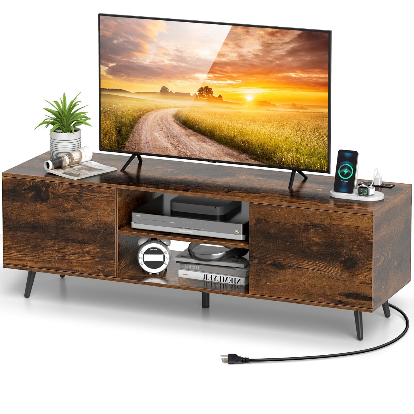 Mueble de TV con tomas de corriente y estante ajustable para televisores de 60 pulgadas-Marrón rústico