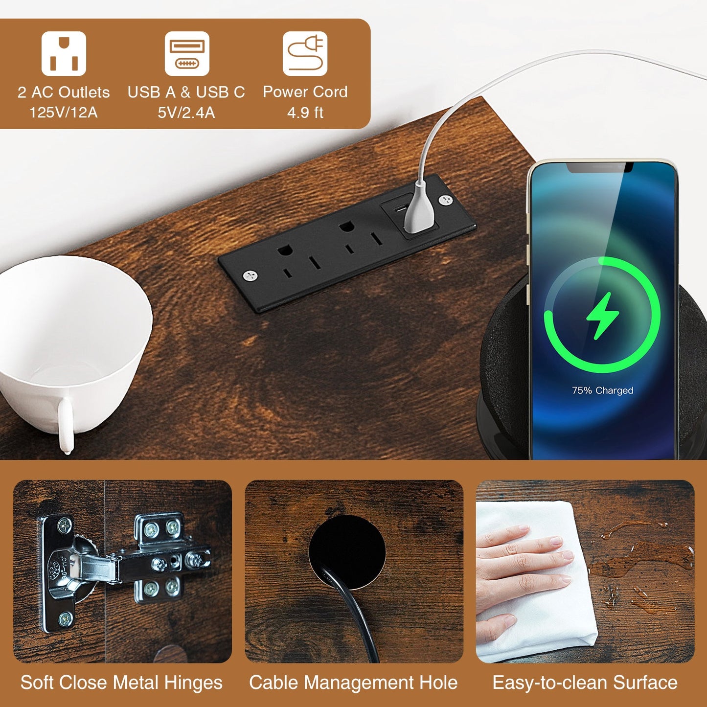 Mueble de TV con tomas de corriente y estante ajustable para televisores de 60 pulgadas-Marrón rústico