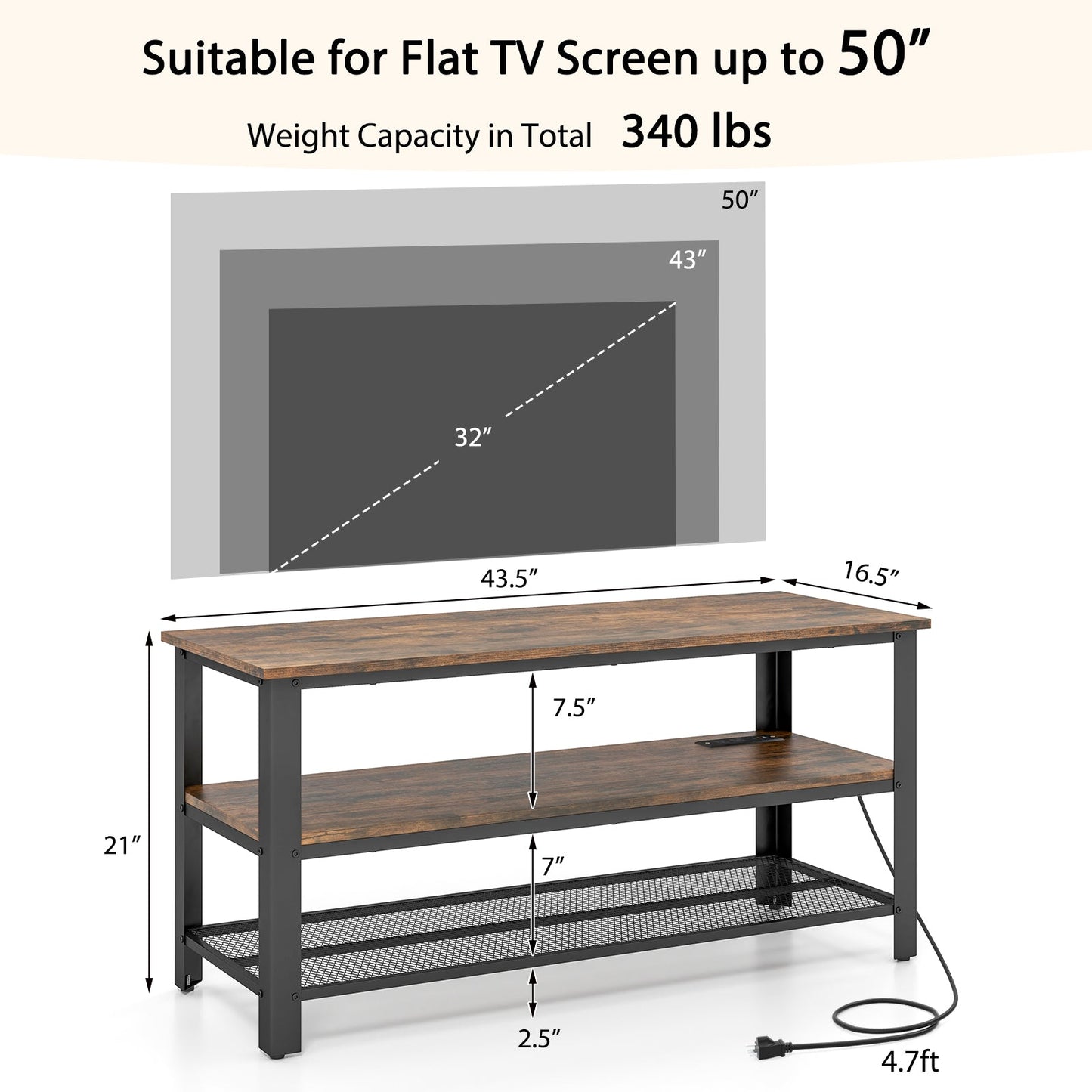 Industrial TV Stand up to 50 Inches with Power Outlets and USB Ports-Rustic Brown