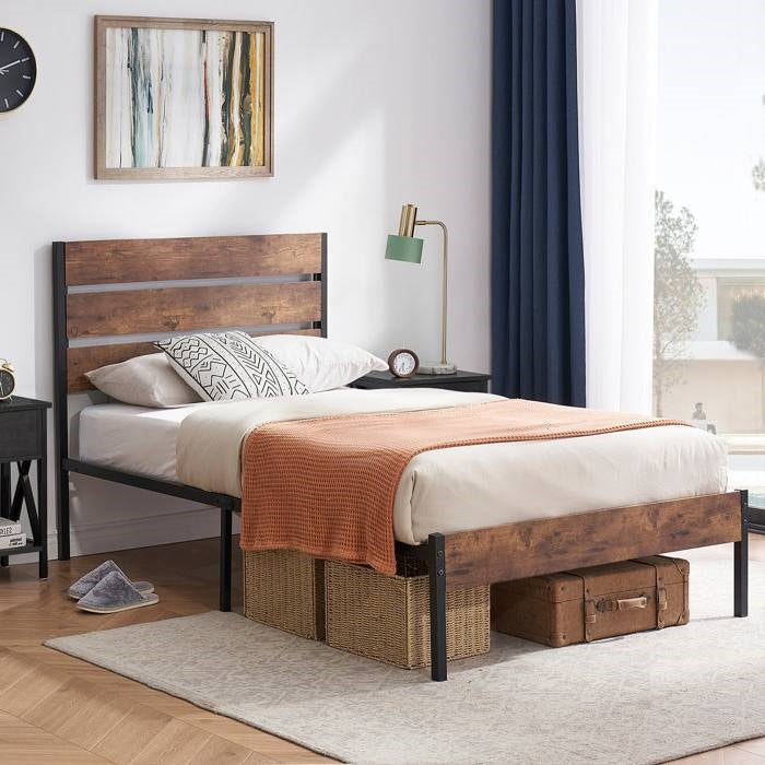 Base de cama de plataforma industrial doble con cabecero y piecero de madera laminada marrón