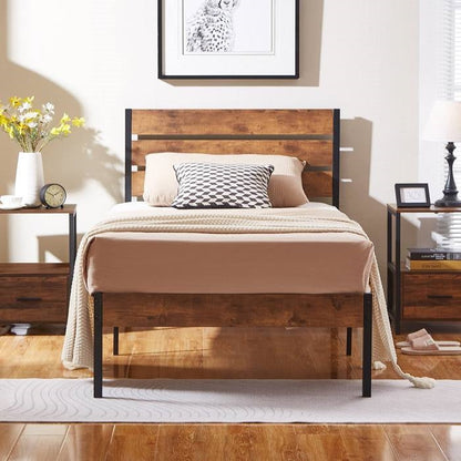 Base de cama de plataforma industrial doble con cabecero y piecero de madera laminada marrón
