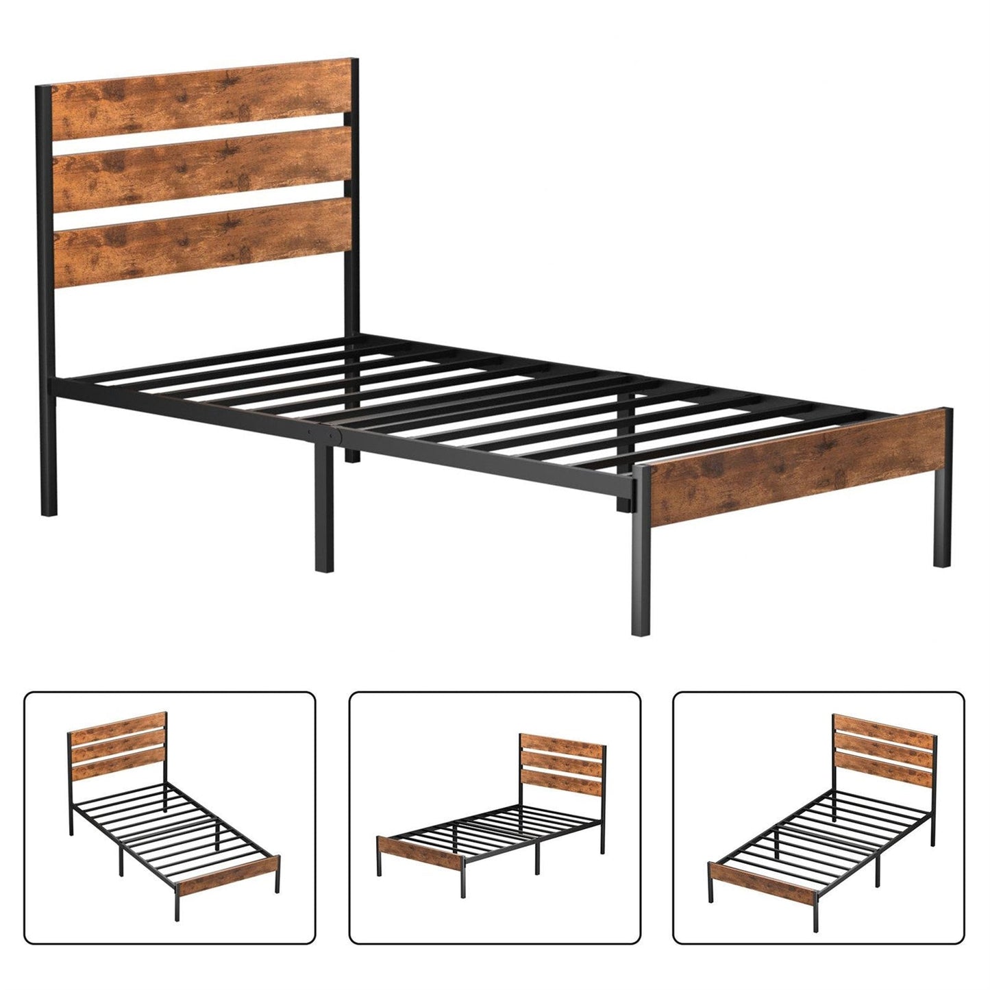 Base de cama de plataforma industrial doble con cabecero y piecero de madera laminada marrón