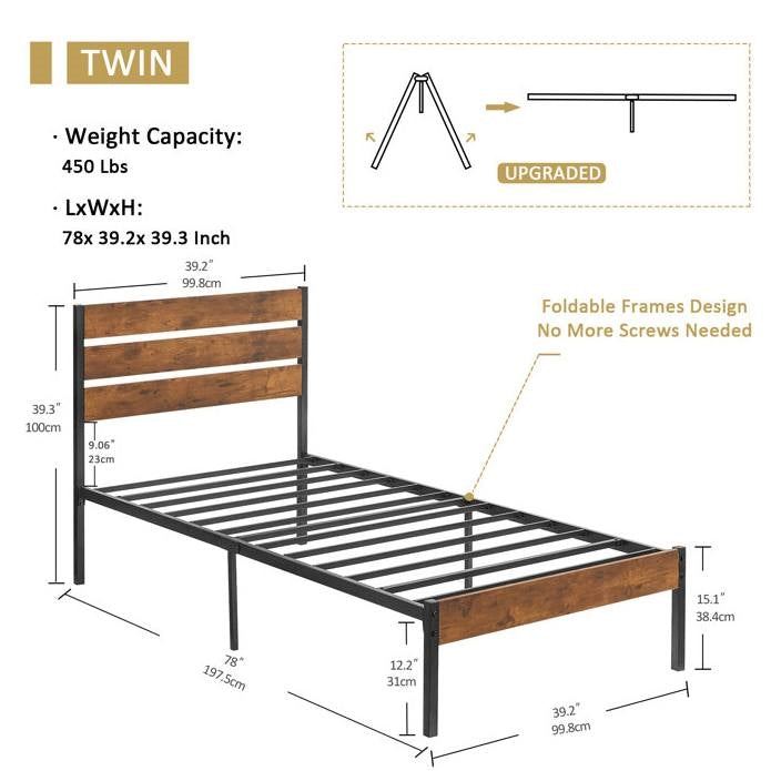 Base de cama de plataforma industrial doble con cabecero y piecero de madera laminada marrón