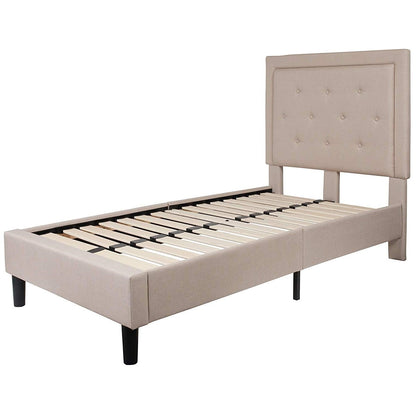 Cama de plataforma tapizada en tela beige individual con cabecero capitoné
