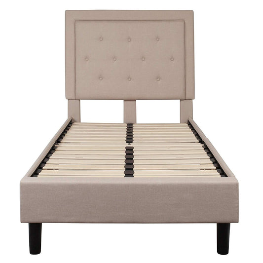 Twin Beige Fabric Upholstered Platform Bed with Button Tufted Headboard - Tampa Home & Garden Store