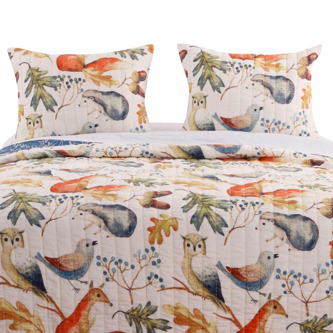 Juego de edredón reversible de 2 piezas, tamaño individual, con estampado floral, animales y pájaros en azul y beige