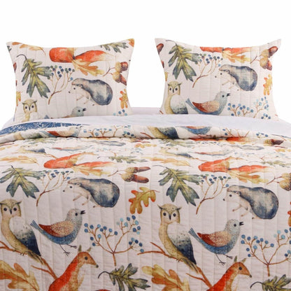 Juego de edredón reversible de 2 piezas, tamaño individual, con estampado floral, animales y pájaros en azul y beige