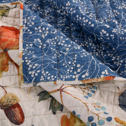 Juego de edredón reversible de 2 piezas, tamaño individual, con estampado floral, animales y pájaros en azul y beige