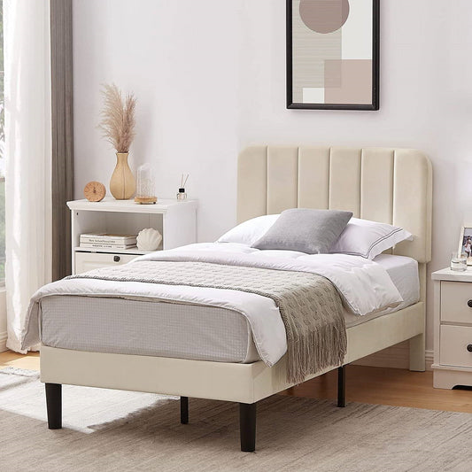 Twin size Beige Upholstered Platform Bed Frame with Headboard - Tampa Home & Garden Store