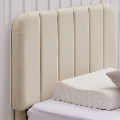 Estructura de cama de plataforma tapizada beige tamaño individual con cabecero