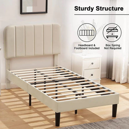 Estructura de cama de plataforma tapizada beige tamaño individual con cabecero