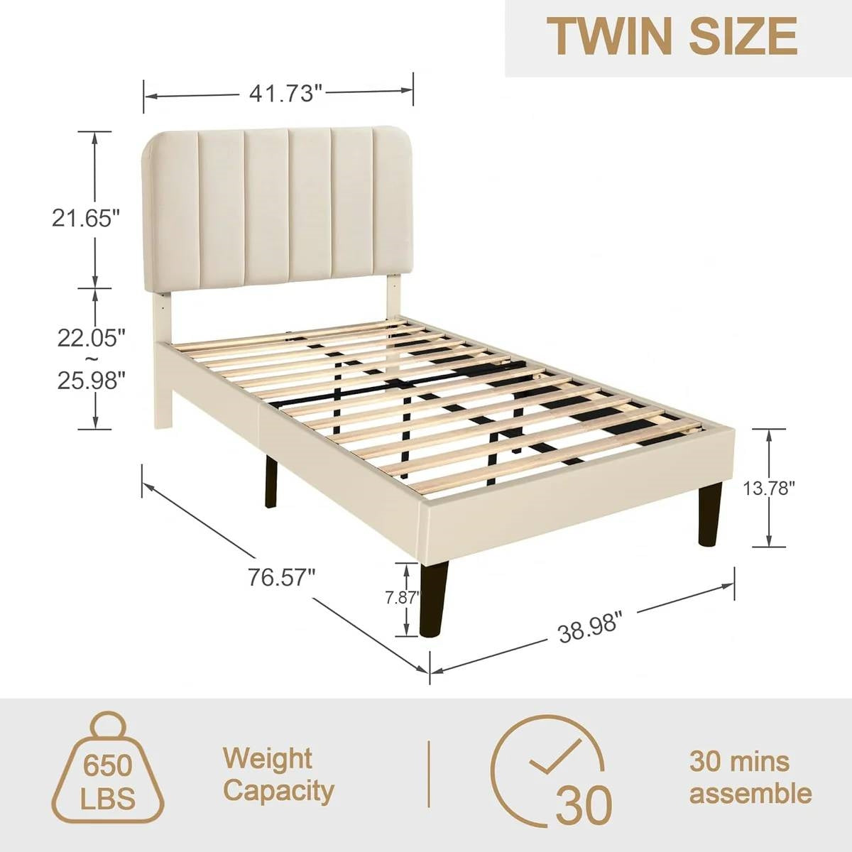 Estructura de cama de plataforma tapizada beige tamaño individual con cabecero