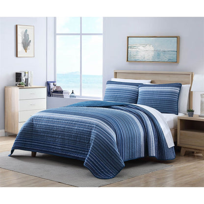 Juego de edredón reversible de algodón con rayas costeras azules tamaño Twin