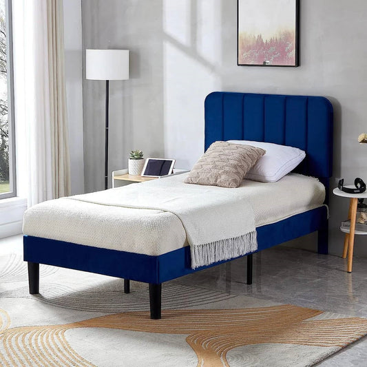 Twin size Blue Upholstered Platform Bed Frame with Headboard - Tampa Home & Garden Store