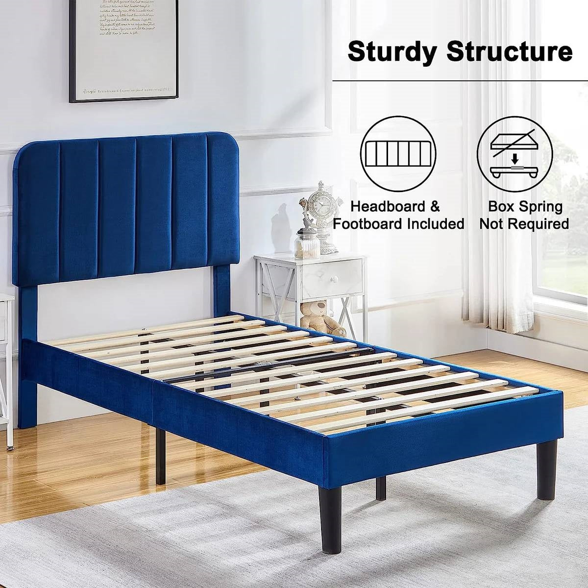 Base de cama con plataforma tapizada azul tamaño twin con cabecero