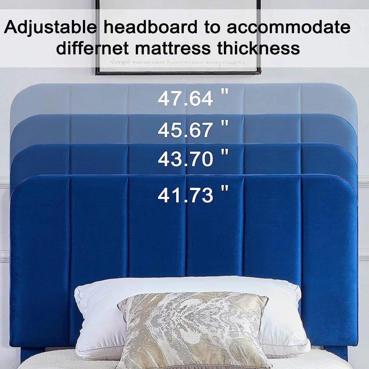Base de cama con plataforma tapizada azul tamaño twin con cabecero