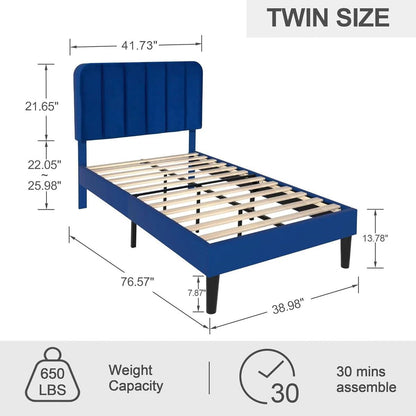 Base de cama con plataforma tapizada azul tamaño twin con cabecero