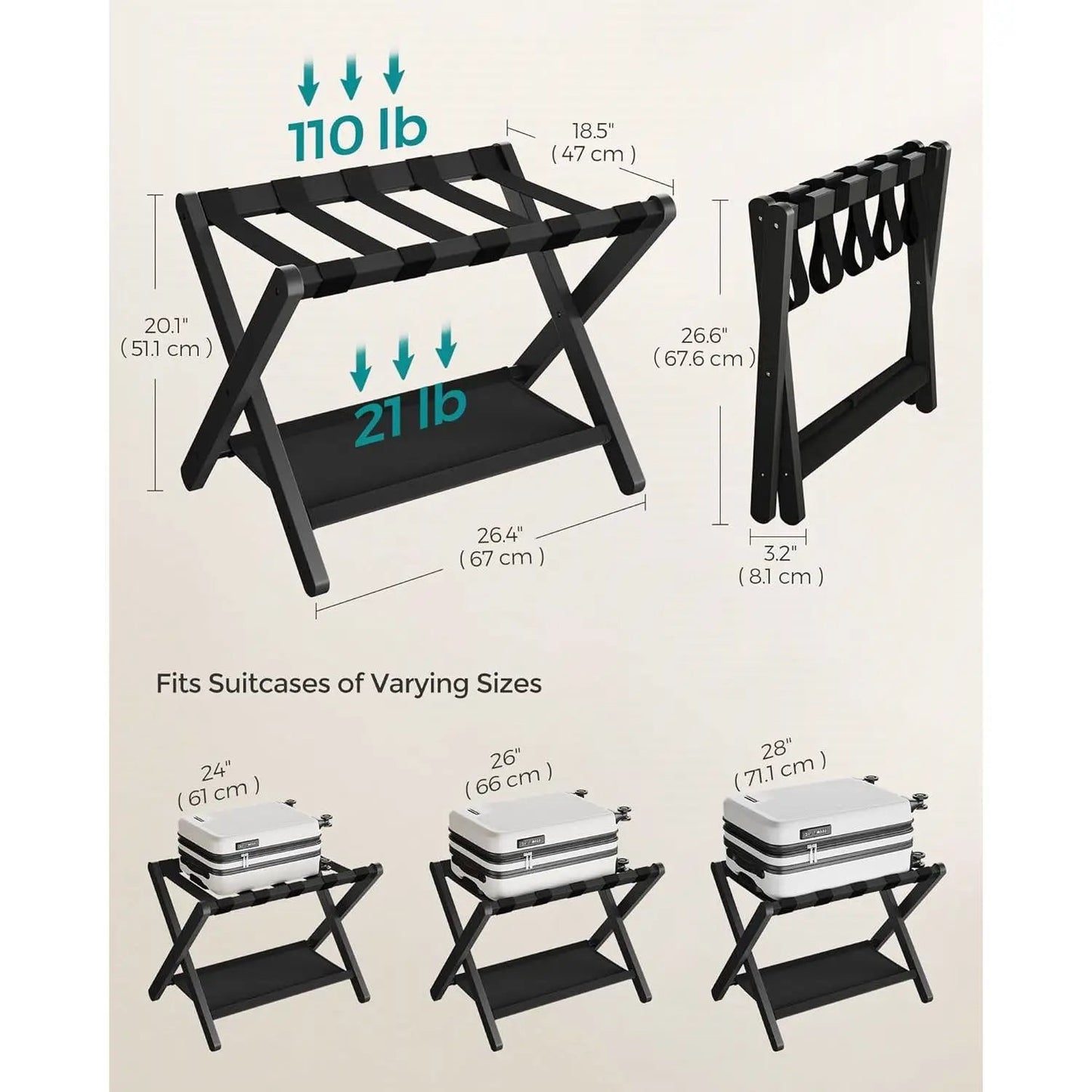Set of 2 Sturdy Bamboo Luggage Rack with Shelf