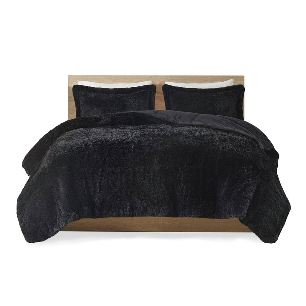 Juego de edredón de 2 piezas de piel sintética sherpa suave negra doble/doble XL con fundas de almohada