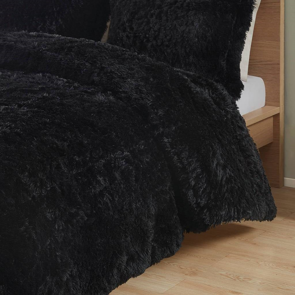 Juego de edredón de 2 piezas de piel sintética sherpa suave negra doble/doble XL con fundas de almohada