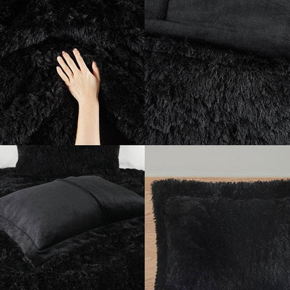 Juego de edredón de 2 piezas de piel sintética sherpa suave negra doble/doble XL con fundas de almohada