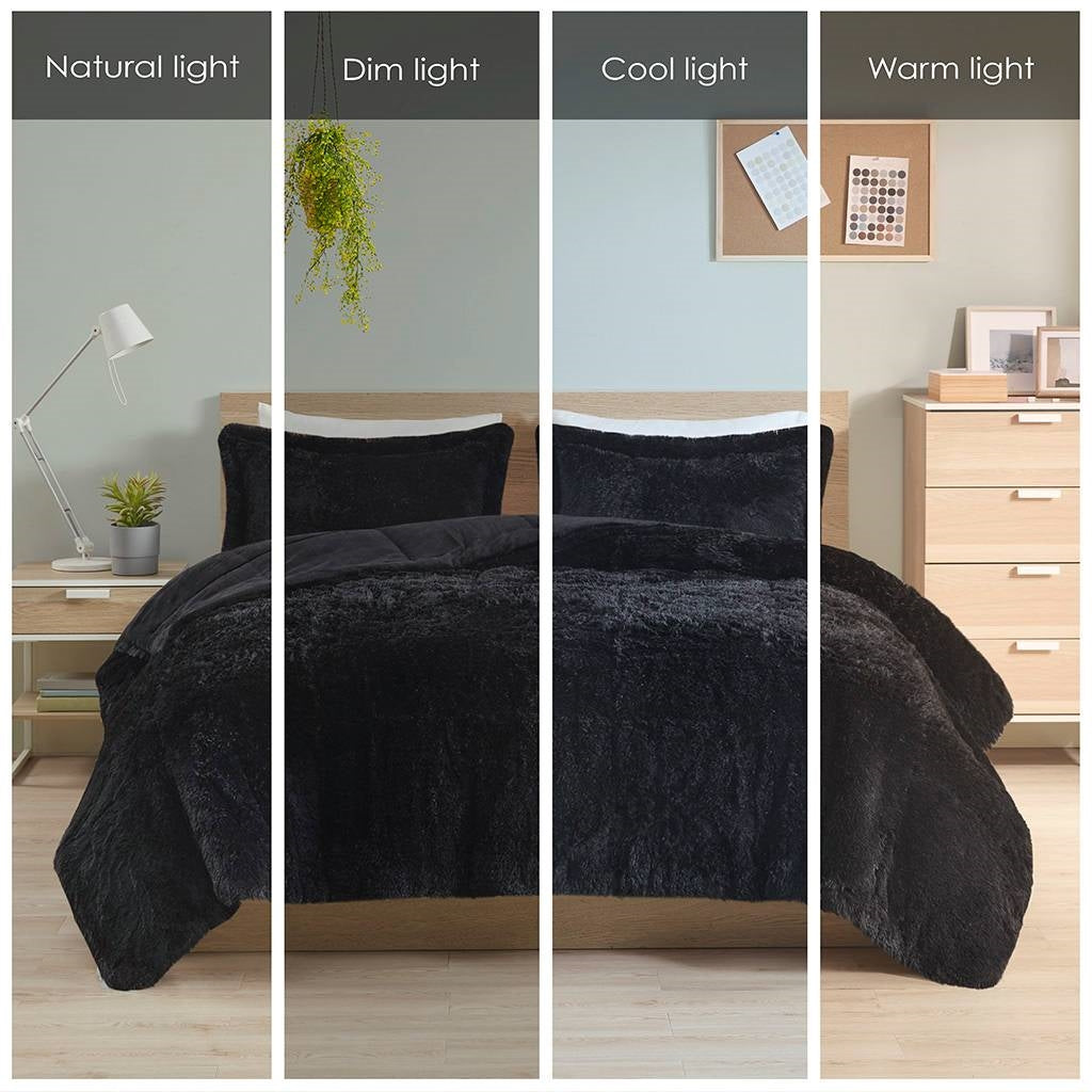 Juego de edredón de 2 piezas de piel sintética sherpa suave negra doble/doble XL con fundas de almohada