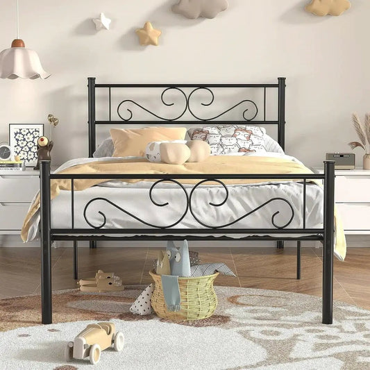Twin metal platform bed frame by HomePacific with decorative black headboard and footboard on Tampa Home & Garden Store