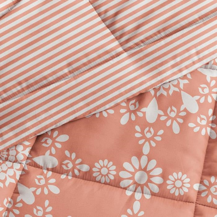 Juego de edredón reversible de dos piezas con diseño de medallón de margarita a rayas, color arcilla y blanco, tamaño individual