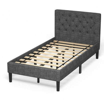 Cama de plataforma tapizada en gris tamaño Twin con cabecero capitoné