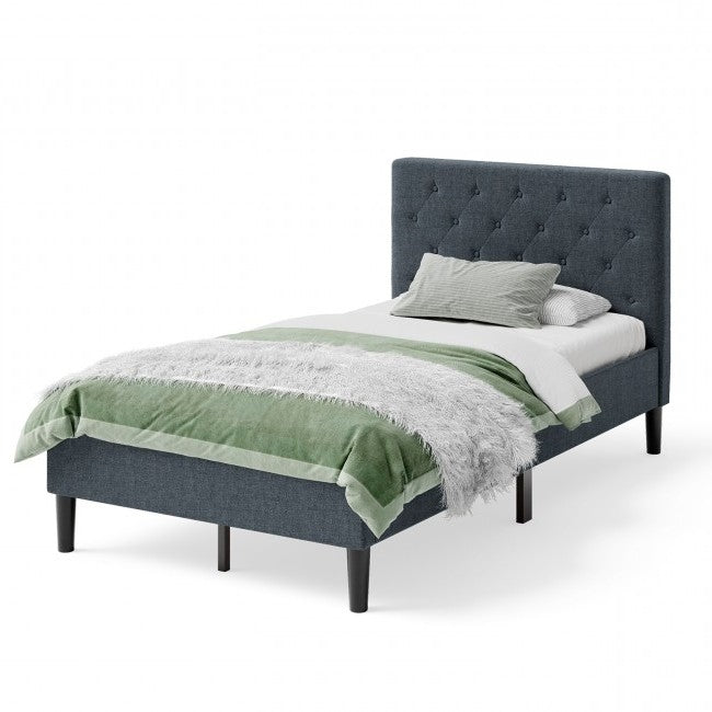 Cama de plataforma tapizada en gris tamaño Twin con cabecero capitoné