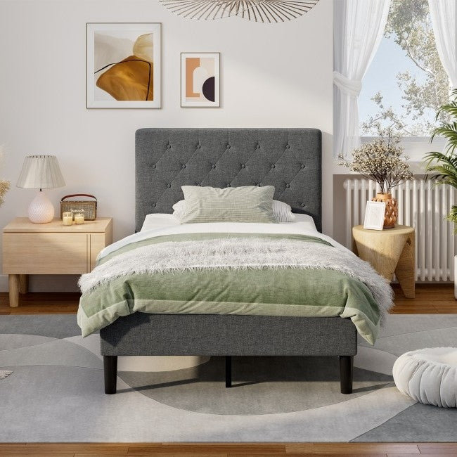 Cama de plataforma tapizada en gris tamaño Twin con cabecero capitoné