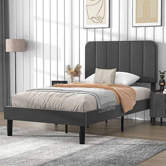 Twin size Dark Grey Upholstered Platform Bed Frame with Headboard - Tampa Home & Garden Store