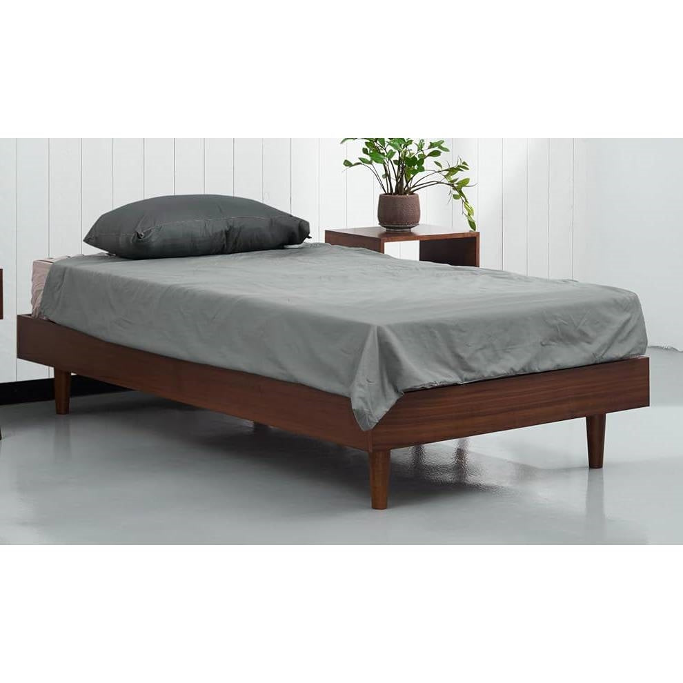 Twin size Mid-Century Modern Platform Bed Frame in Dark Brown Wood Finish