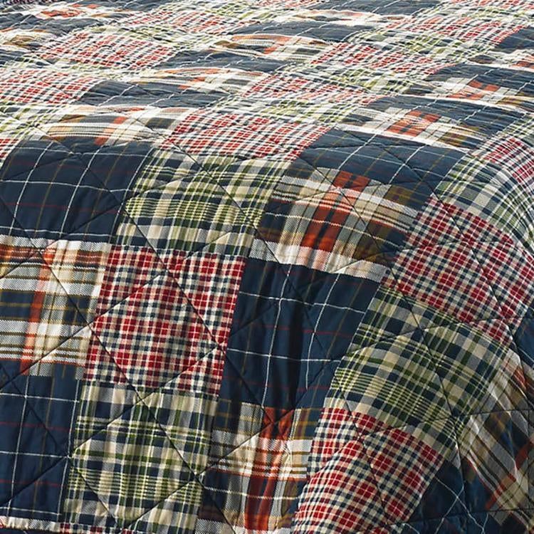 Juego de colcha reversible de algodón 100 % a cuadros rojos y azules marinos estilo rústico, tamaño individual