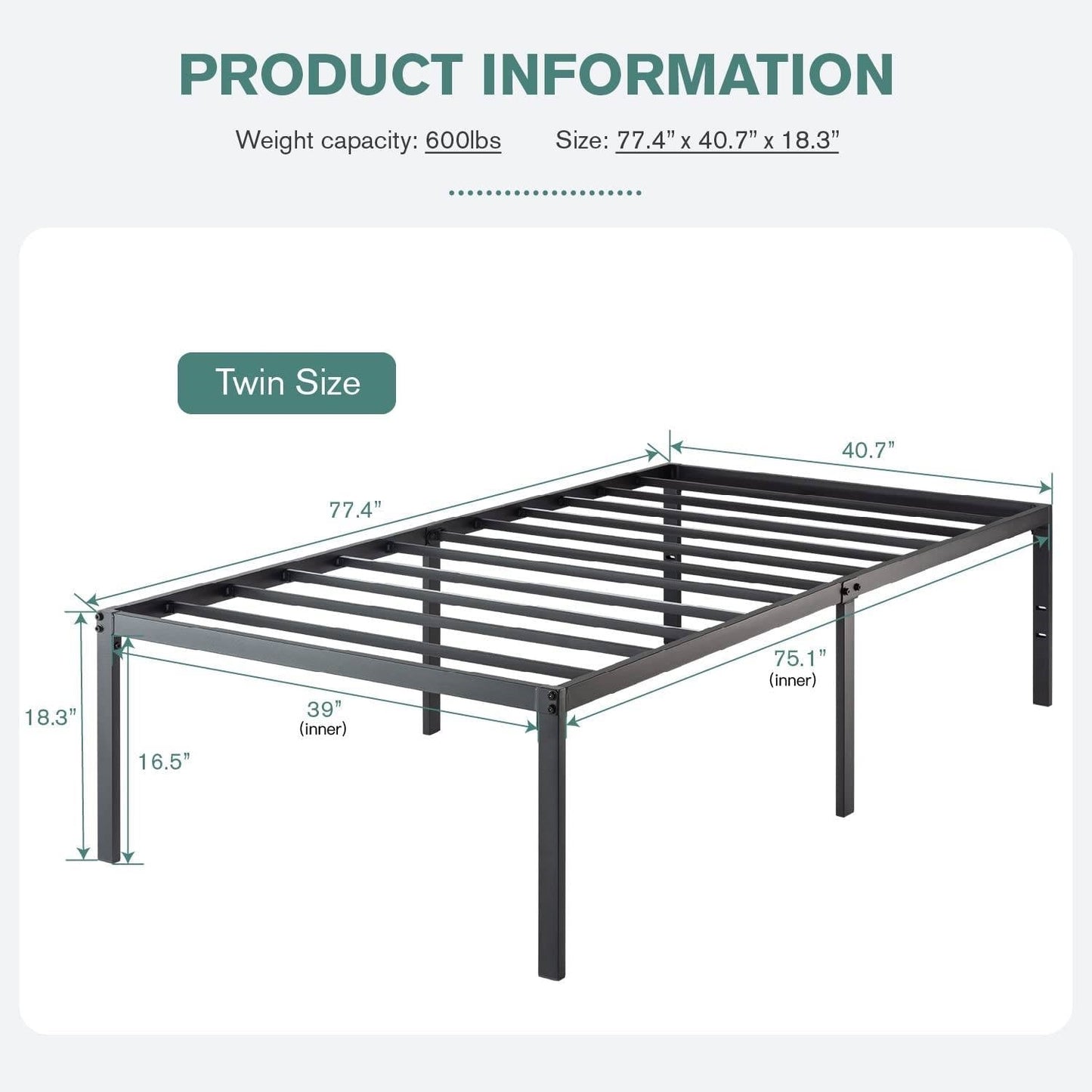 Estructura de cama individual con plataforma metálica alta de 18 pulgadas y espacio de almacenamiento debajo de la cama