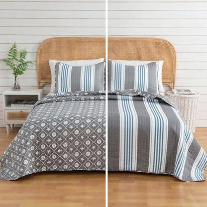 Juego de edredón náutico de dos piezas, tamaño Twin, con diseño de estrellas de mar y dólares de arena en gris, azul y blanco
