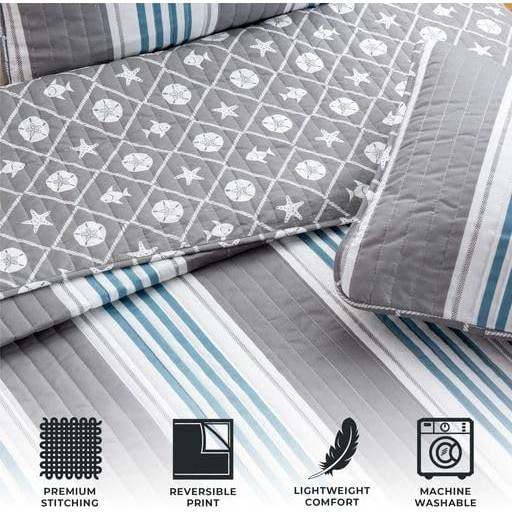 Juego de edredón náutico de dos piezas, tamaño Twin, con diseño de estrellas de mar y dólares de arena en gris, azul y blanco