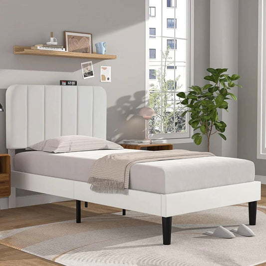 Twin size White Upholstered Platform Bed Frame with Headboard - Tampa Home & Garden Store